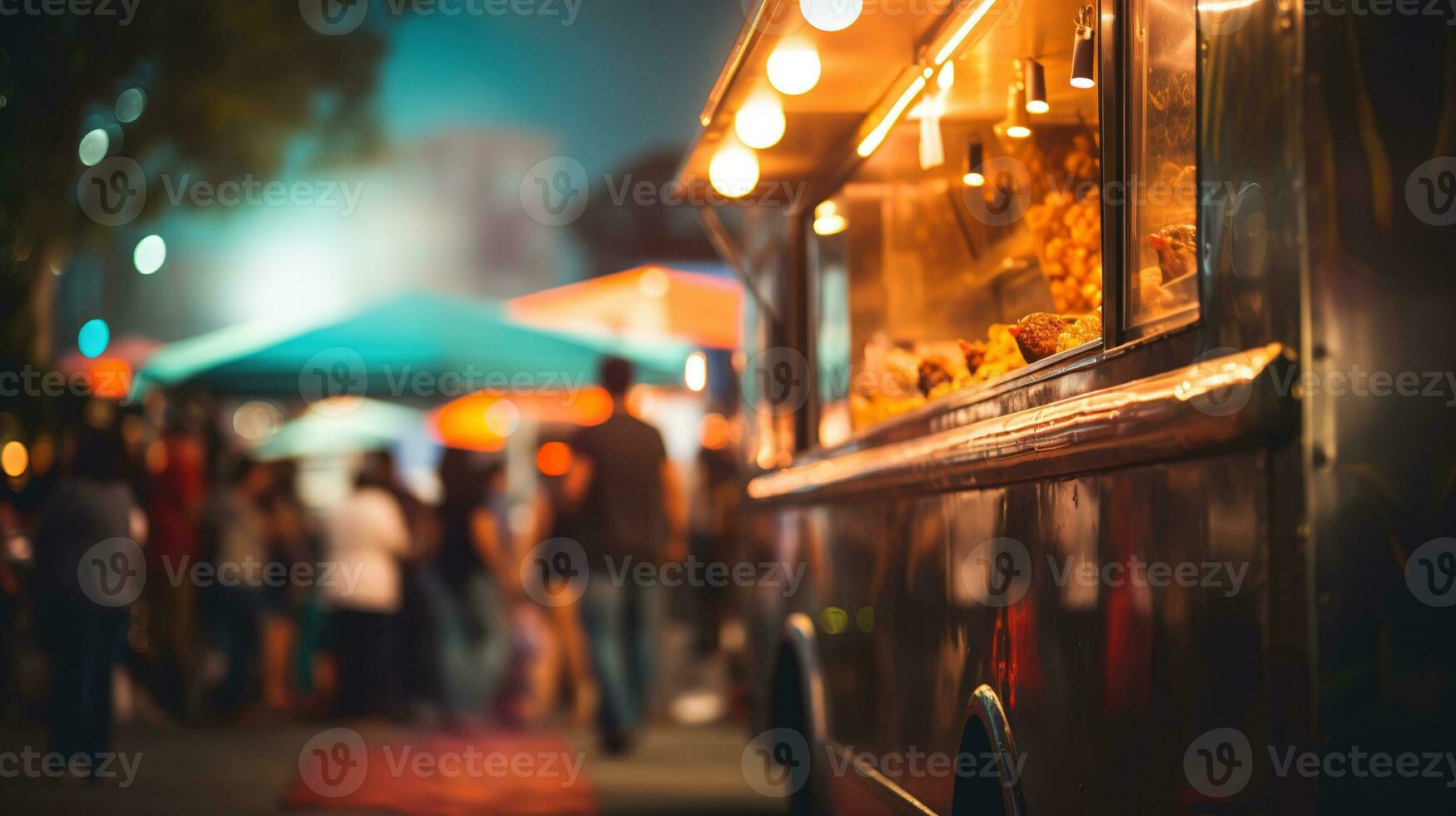 AI generated Generative AI, Food truck street festival, blurred lights background, atmospheric bokeh, muted colors photo