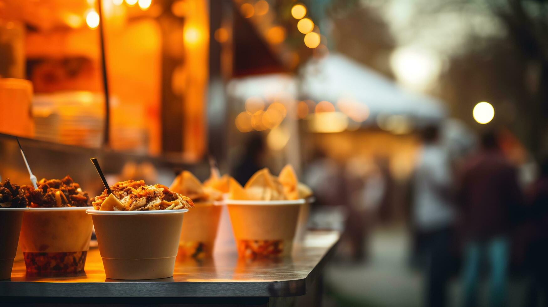 AI generated Generative AI, Food truck street festival, blurred lights background, atmospheric bokeh, muted colors photo