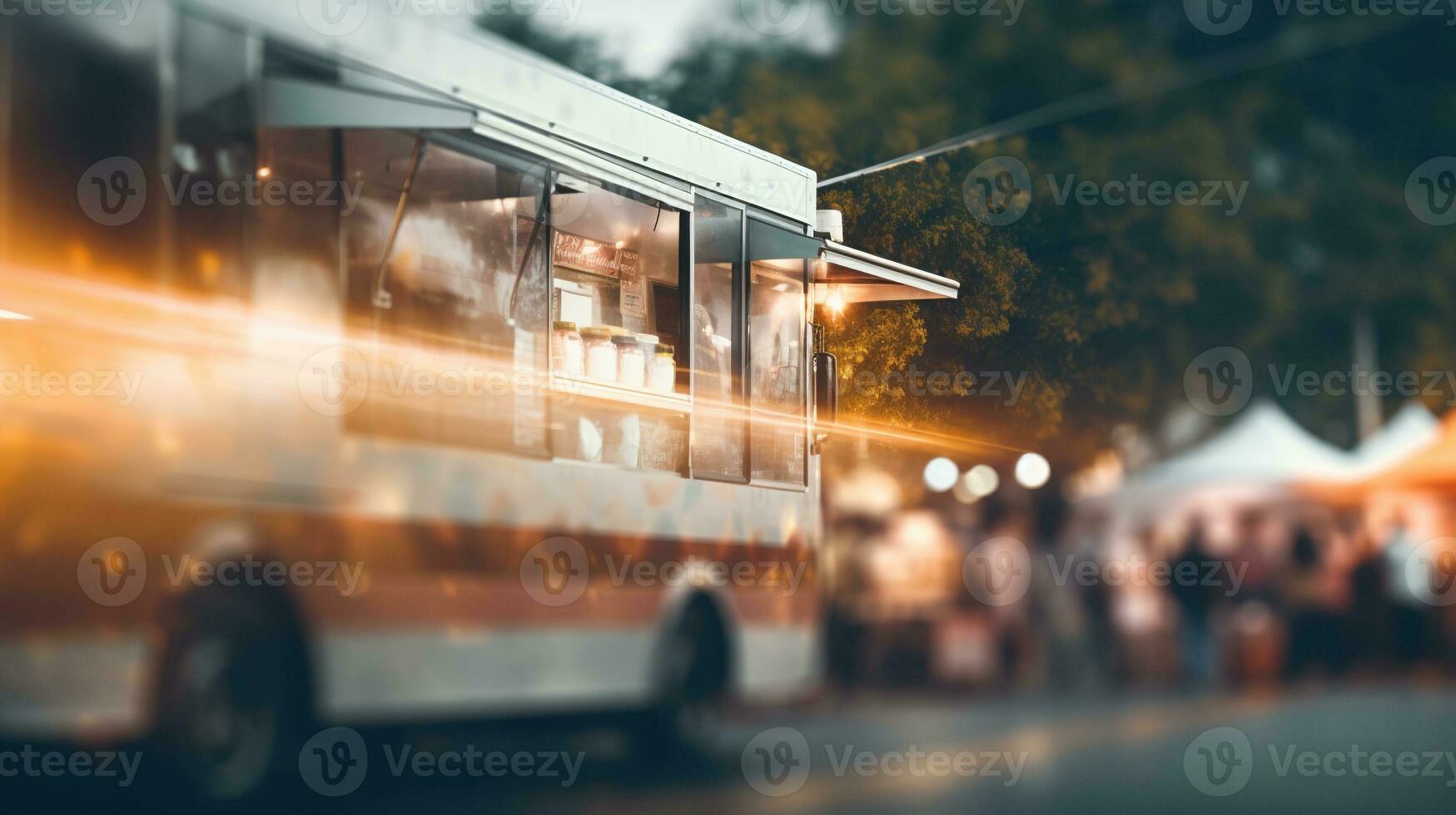 AI generated Generative AI, Food truck street festival, blurred lights background, atmospheric bokeh, muted colors photo