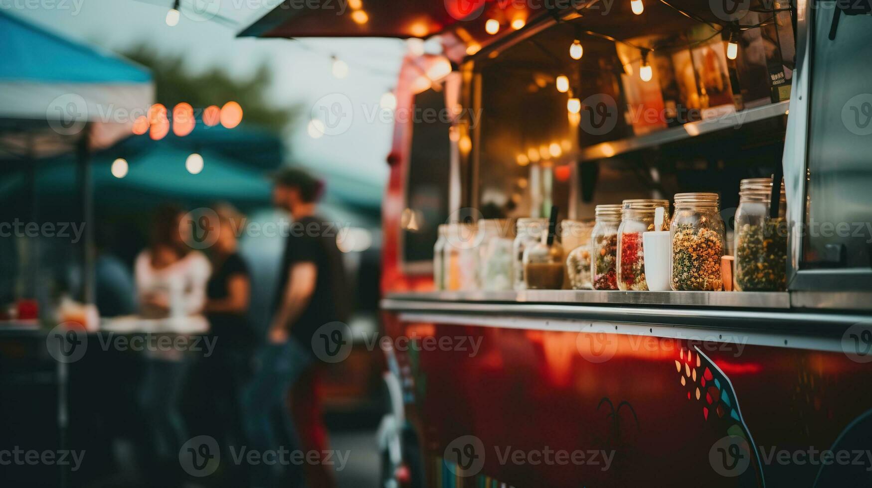 AI generated Generative AI, Food truck street festival, blurred lights background, atmospheric bokeh, muted colors photo