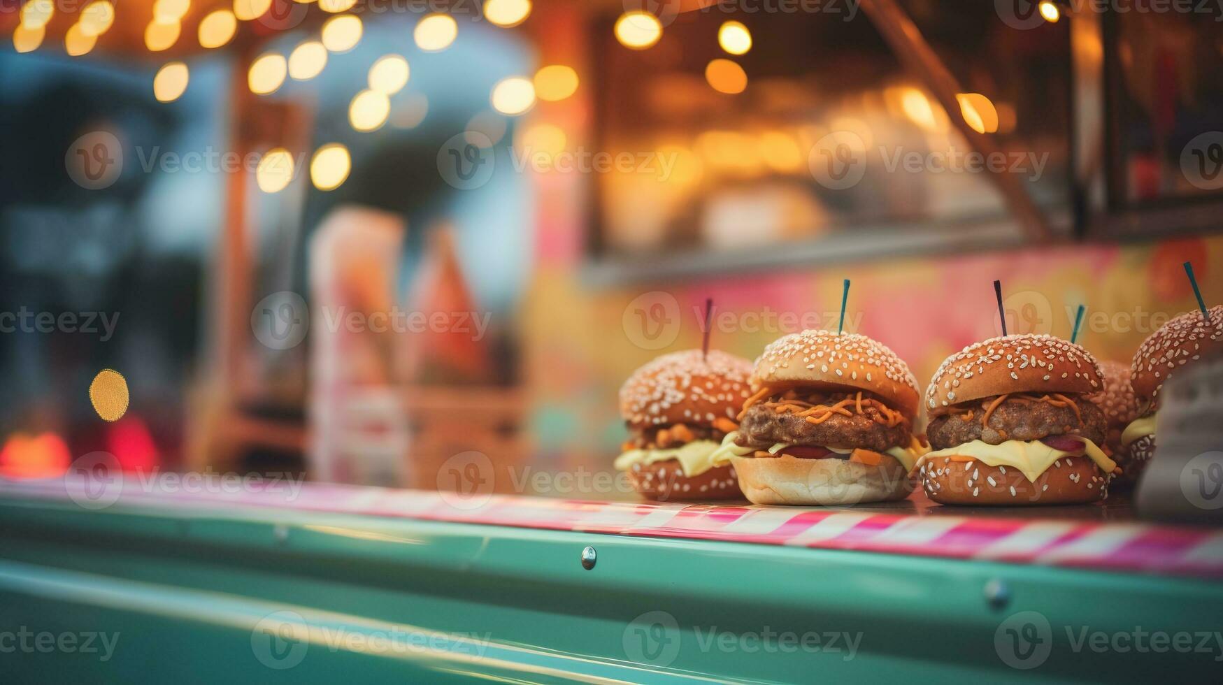 AI generated Generative AI, Food truck street festival, blurred lights background, atmospheric bokeh, muted colors photo