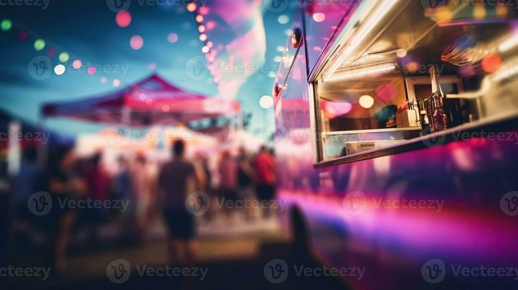 AI generated Generative AI, Food truck street festival, blurred lights background, atmospheric bokeh, muted colors photo