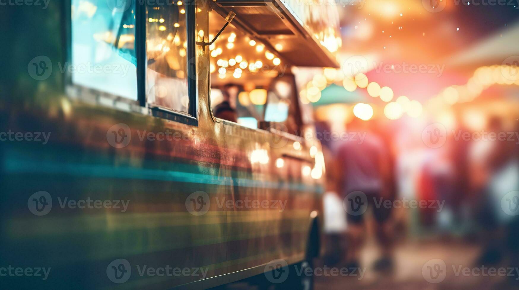 AI generated Generative AI, Food truck street festival, blurred lights background, atmospheric bokeh, muted colors photo