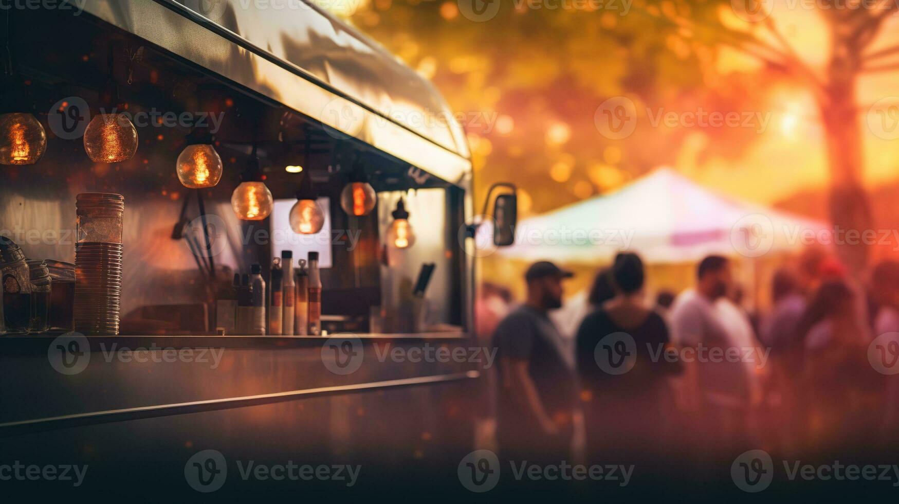 AI generated Generative AI, Food truck street festival, blurred lights background, atmospheric bokeh, muted colors photo