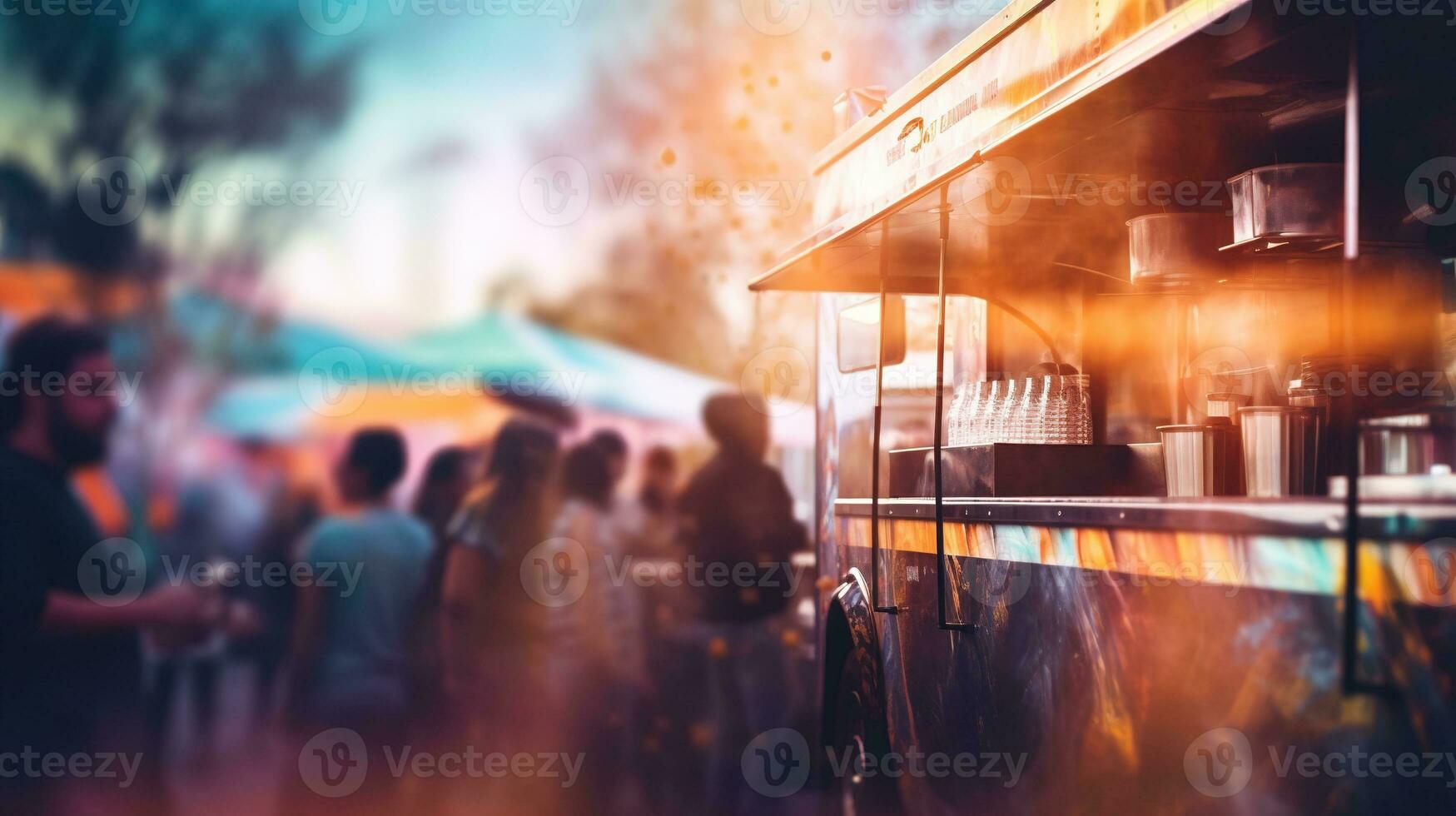 AI generated Generative AI, Food truck street festival, blurred lights background, atmospheric bokeh, muted colors photo