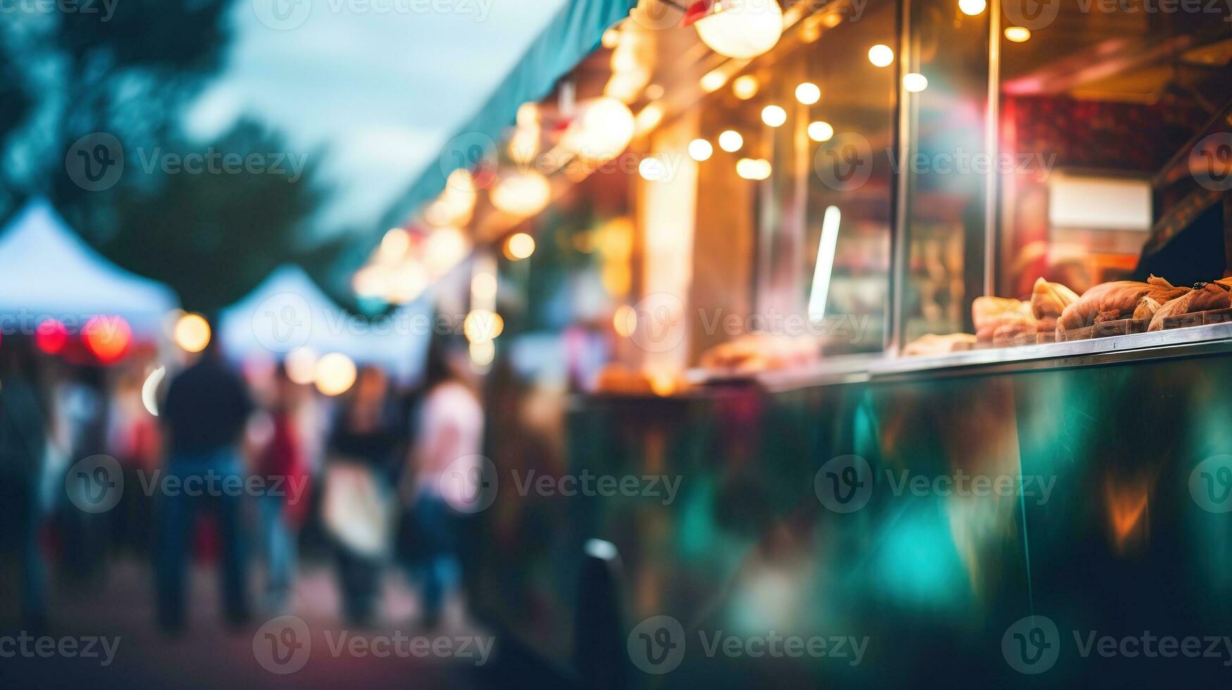 AI generated Generative AI, Food truck street festival, blurred lights background, atmospheric bokeh, muted colors photo