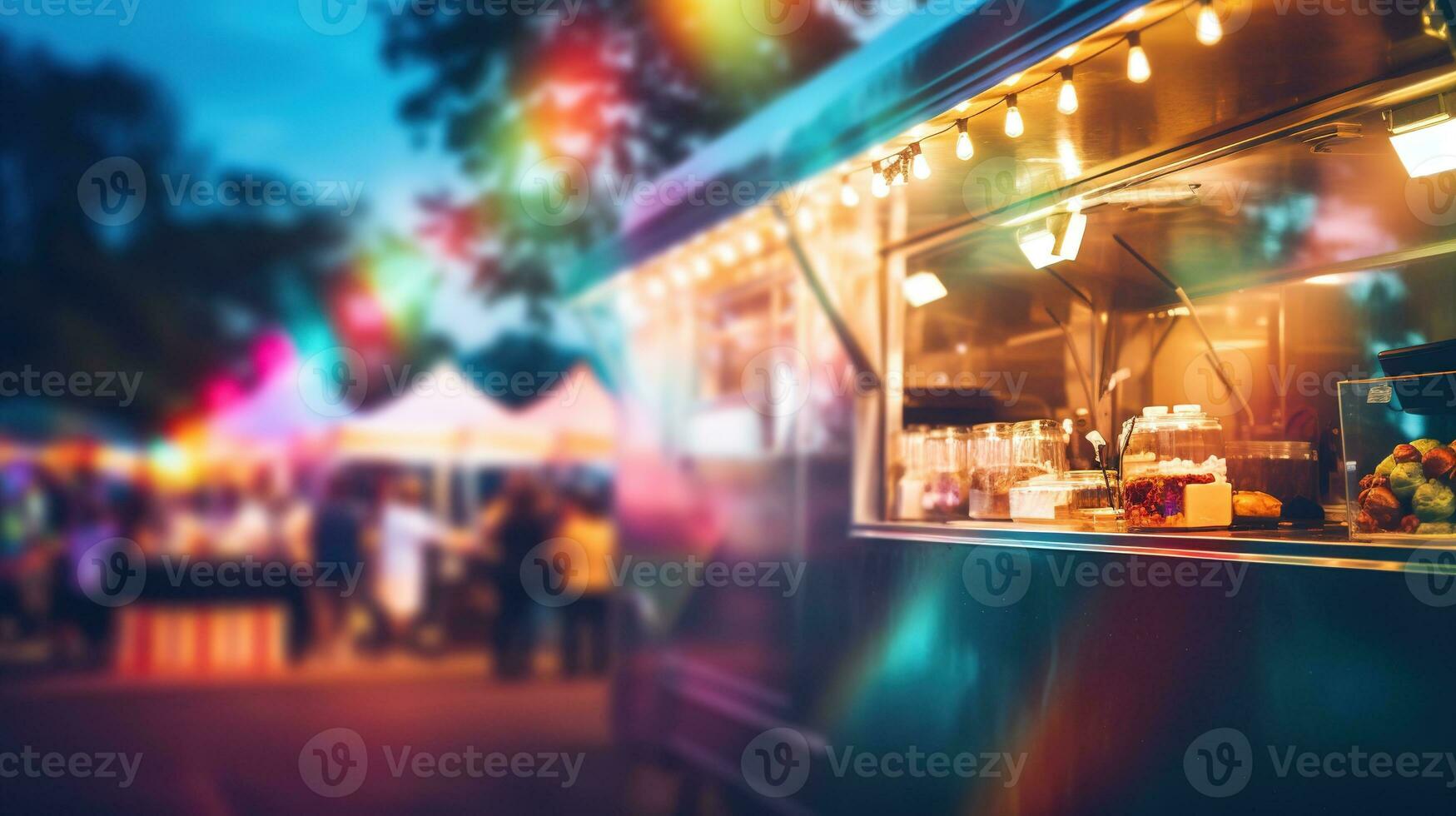 AI generated Generative AI, Food truck street festival, blurred lights background, atmospheric bokeh, muted colors photo