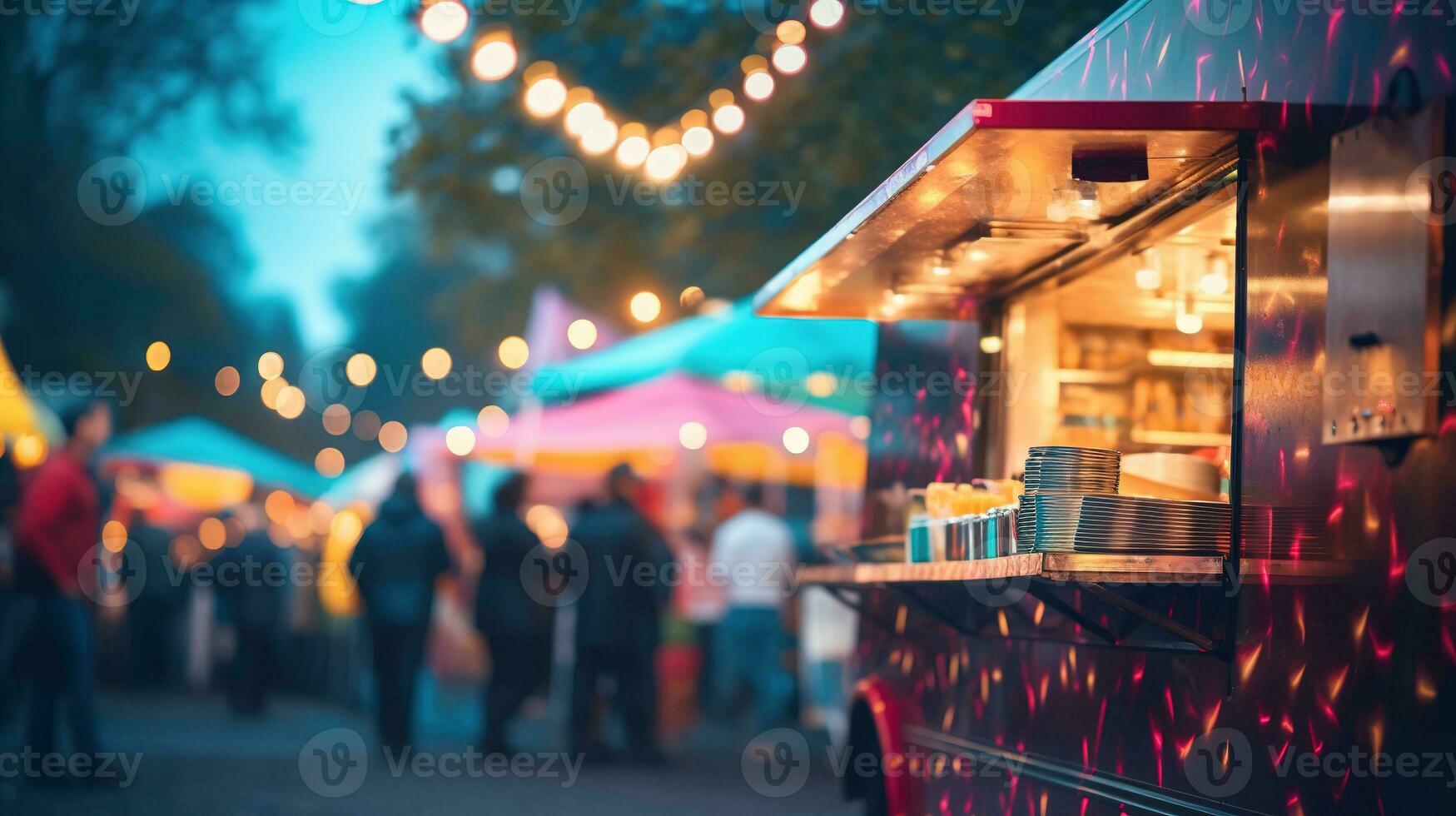 AI generated Generative AI, Food truck street festival, blurred lights background, atmospheric bokeh, muted colors photo