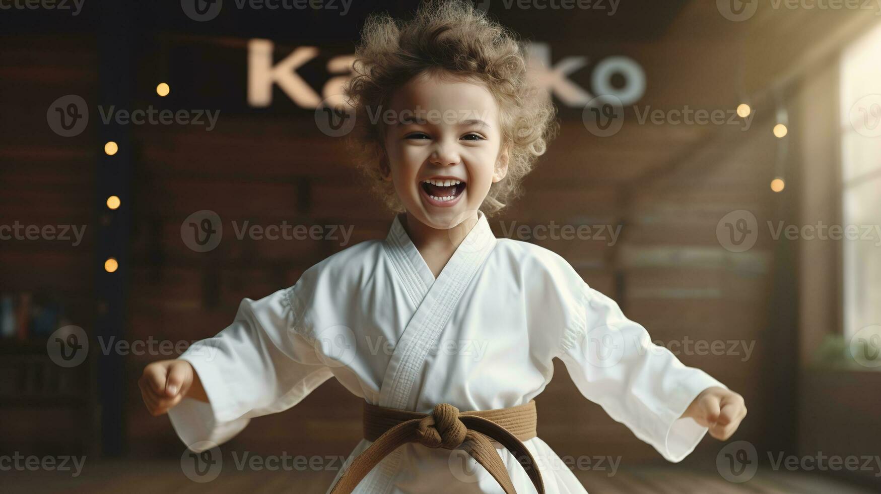 AI generated Generative AI, Child dressed in a white karate kimono, practice taekwondo, karate, judo photo