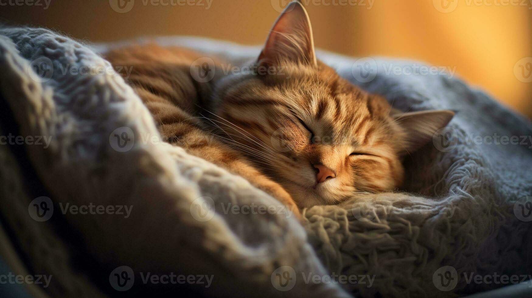 AI generated Photo of a sleepy cat curled up on a cozy blanket. Generative AI