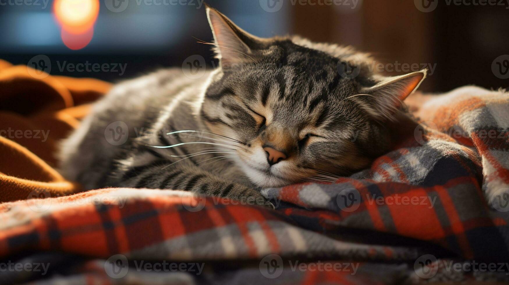 AI generated Photo of a sleepy cat curled up on a cozy blanket. Generative AI