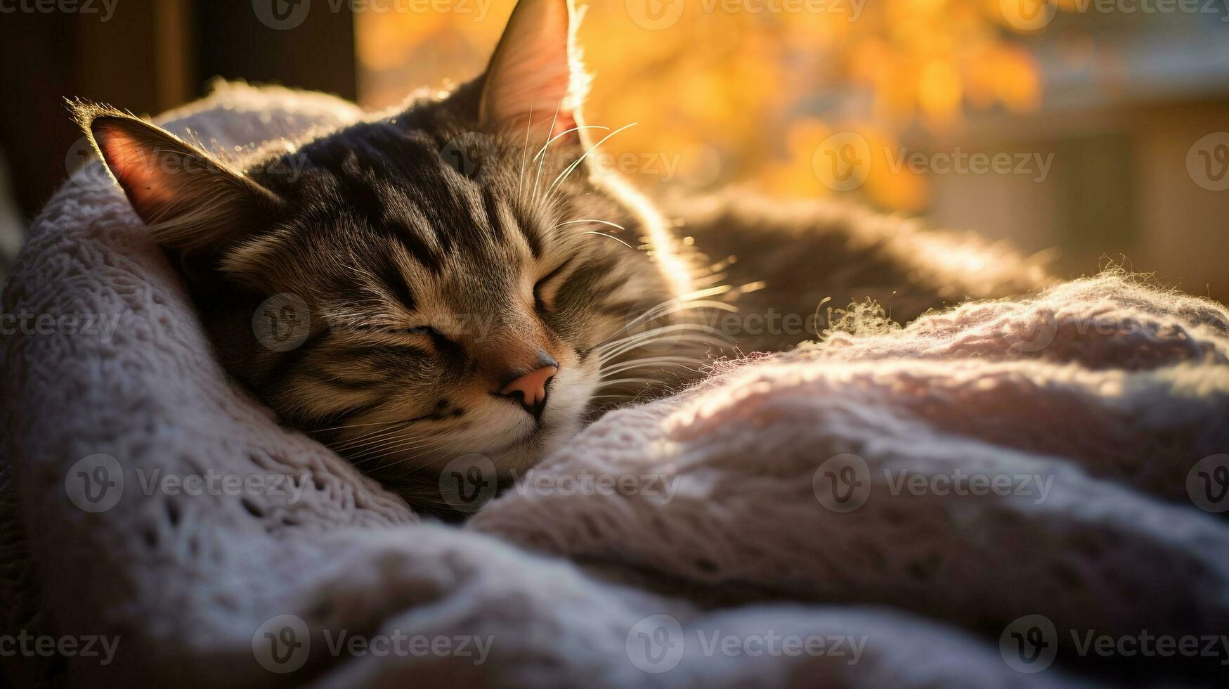 AI generated Photo of a sleepy cat curled up on a cozy blanket. Generative AI