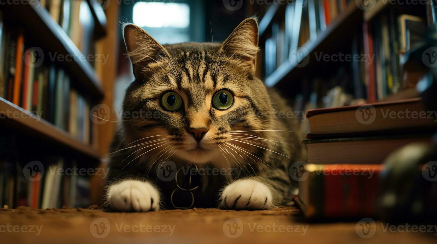 ai generado foto de un dañoso gato explorador un estante para libros. generativo ai