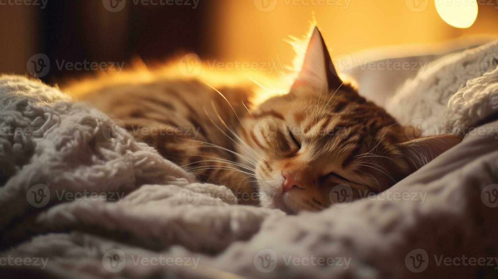 AI generated Photo of a sleepy cat curled up on a cozy blanket. Generative AI
