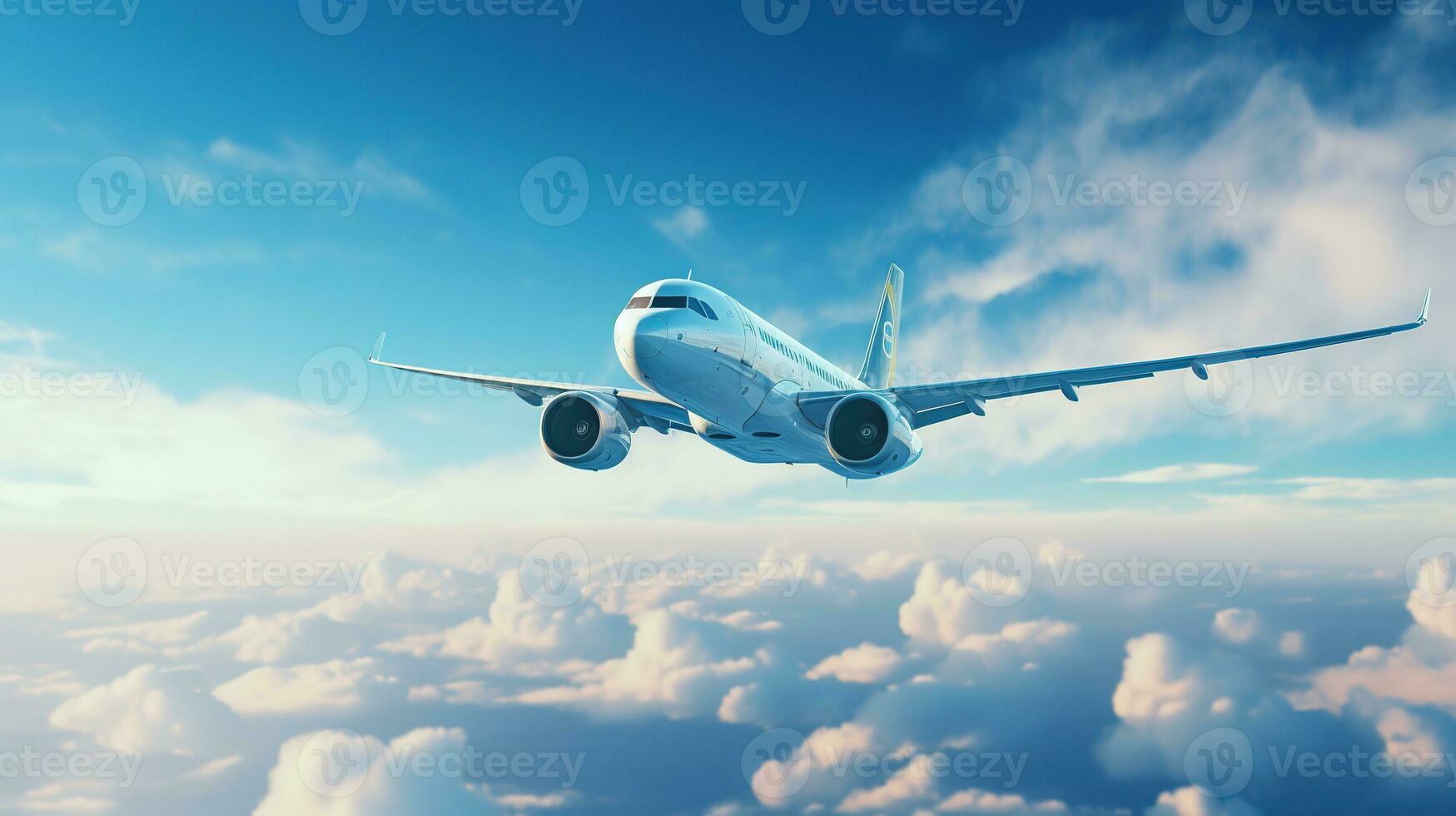 AI generated Airplane in the Blue Sky, Over the Cloudy Sky. Transportation Concept photo