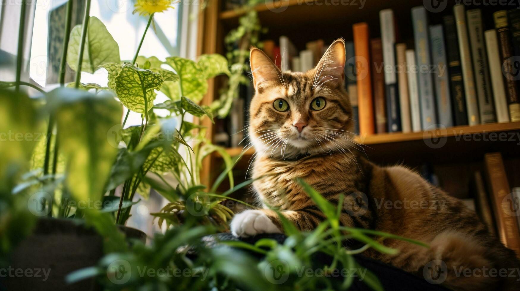 Photo of a cat sitting on a bookshelf. Generative AI