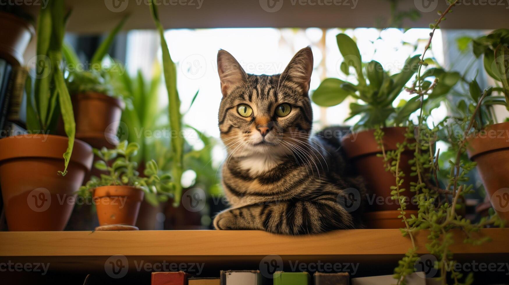 Photo of a cat sitting on a bookshelf. Generative AI