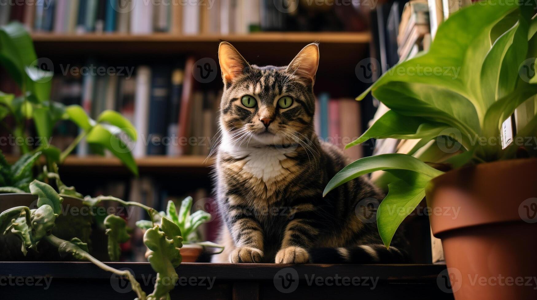 Photo of a cat sitting on a bookshelf. Generative AI