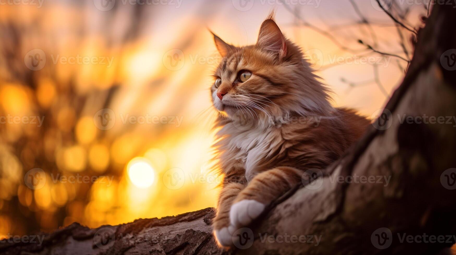 Photo of a cat perched on a tree branch against a sun. Generative AI