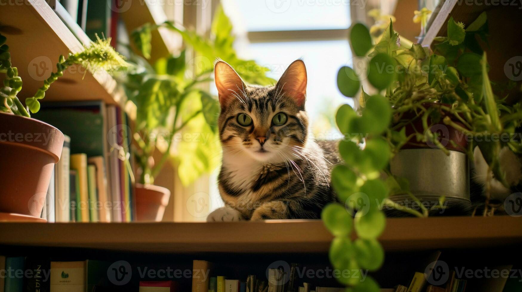 Photo of a cat sitting on a bookshelf. Generative AI