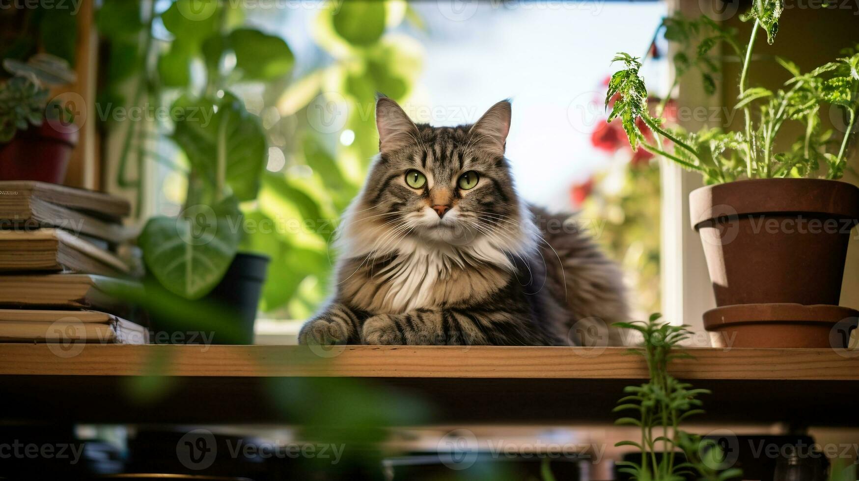 Photo of a cat sitting on a bookshelf. Generative AI