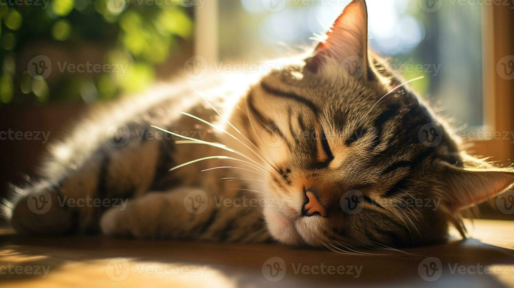 AI generated Photo of a cat napping in a sunbeam on a soft rug. Generative AI