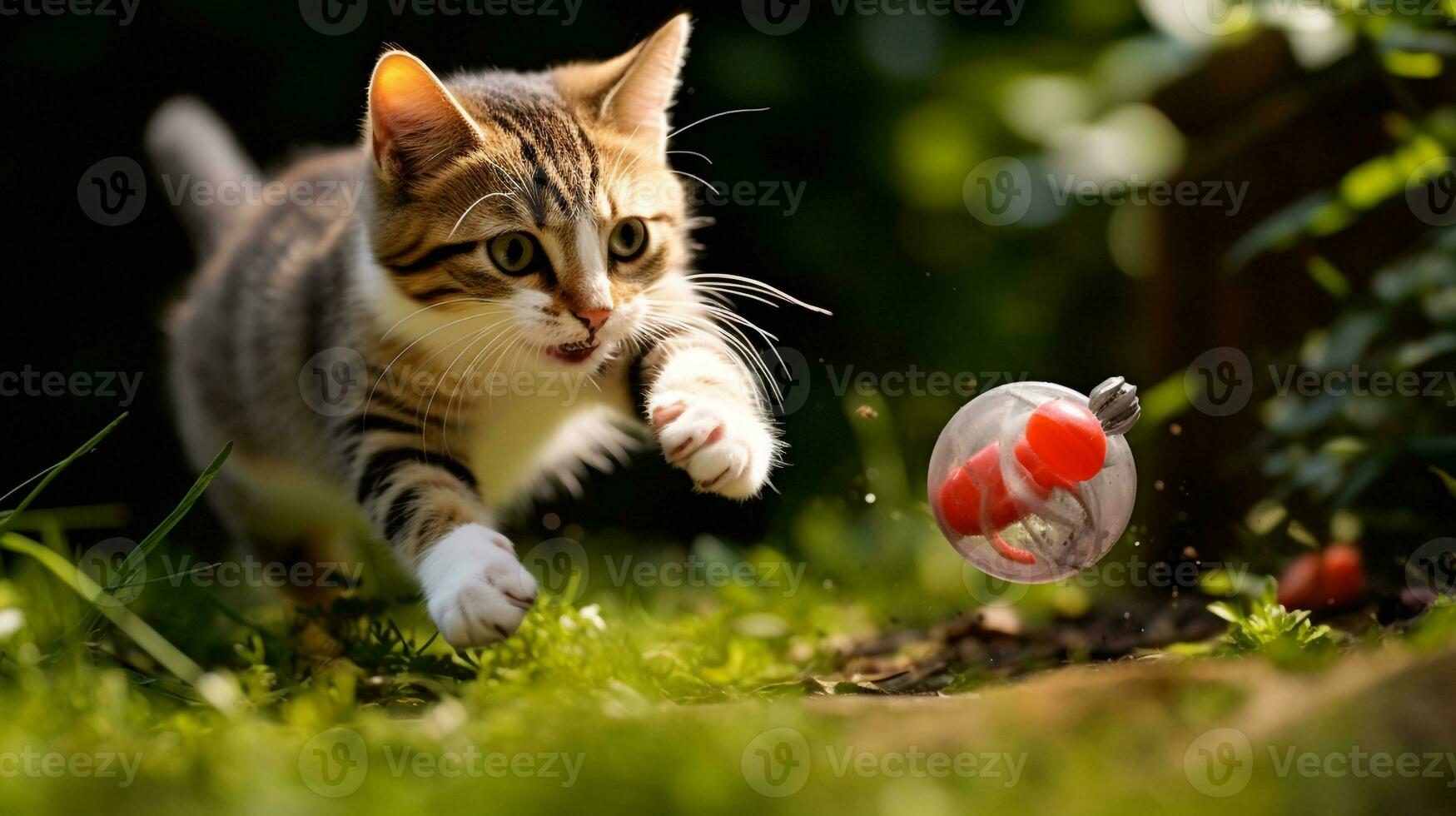 AI generated Photo of a cat batting at a toy mouse in a playful. Generative AI