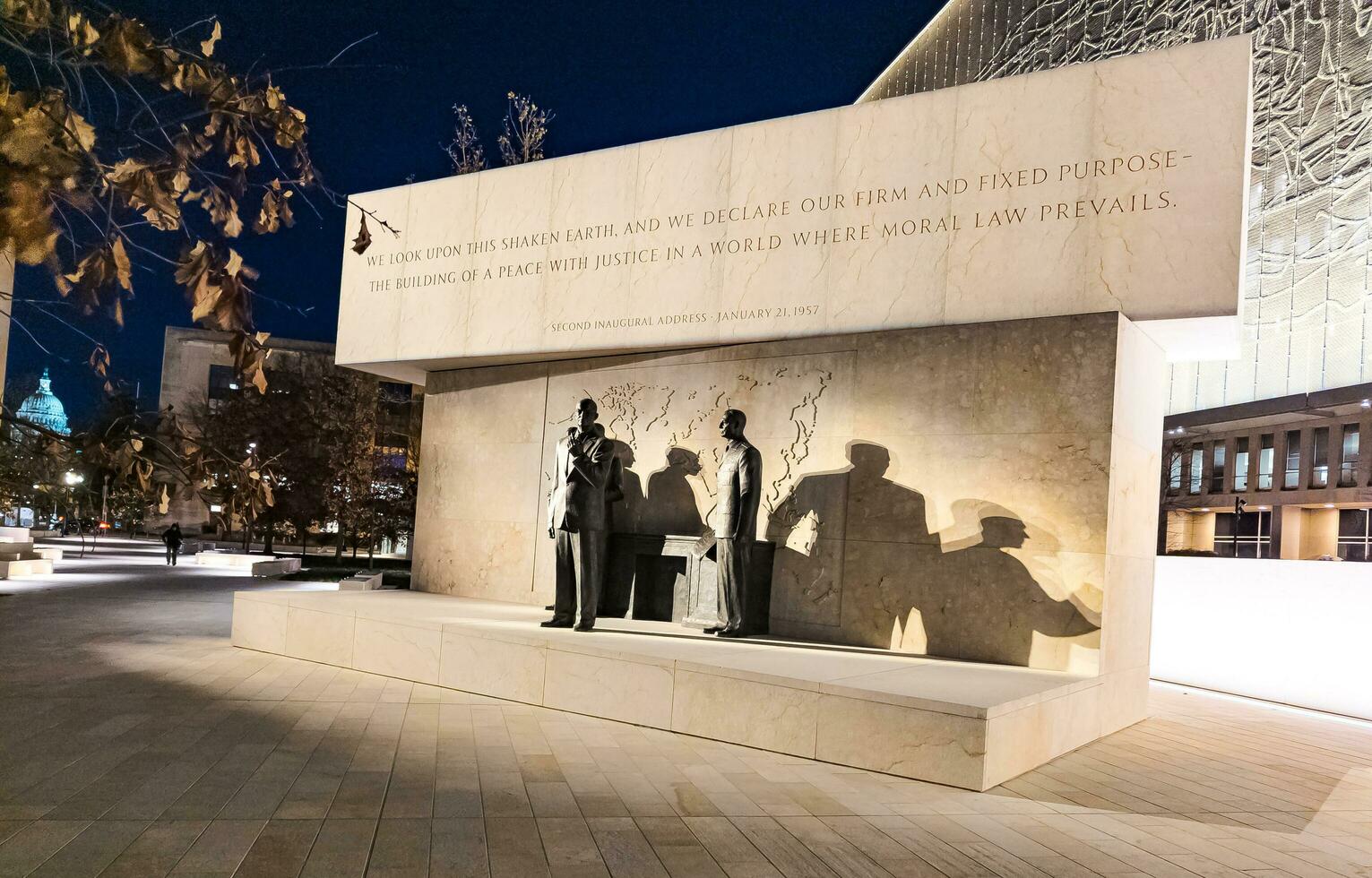 Washington, DC, USA - 12.12.2023 Dwight David Eisenhower Memorial, Statue of Eisenhower as U.S. President with an inscription of part of his second inaugural address photo