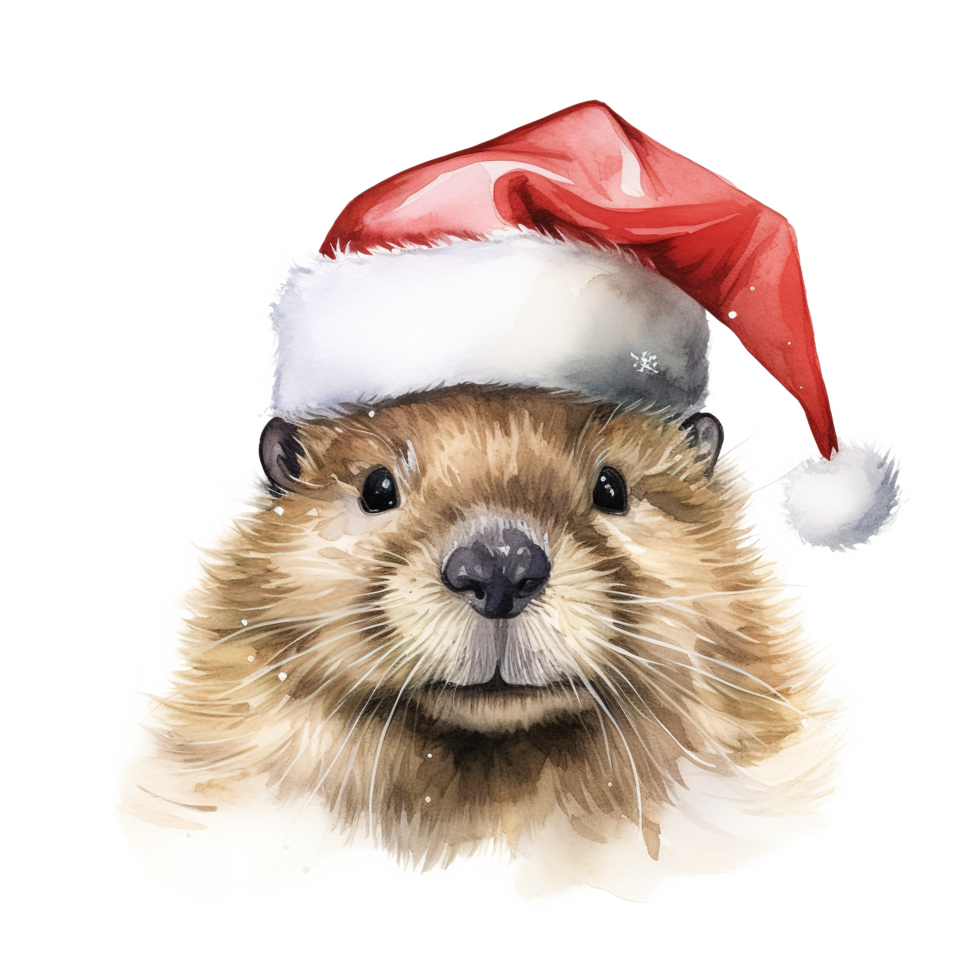 AI generated Beaver Wearing Santa Hat For Christmas Event. Watercolor Style. AI Generated png
