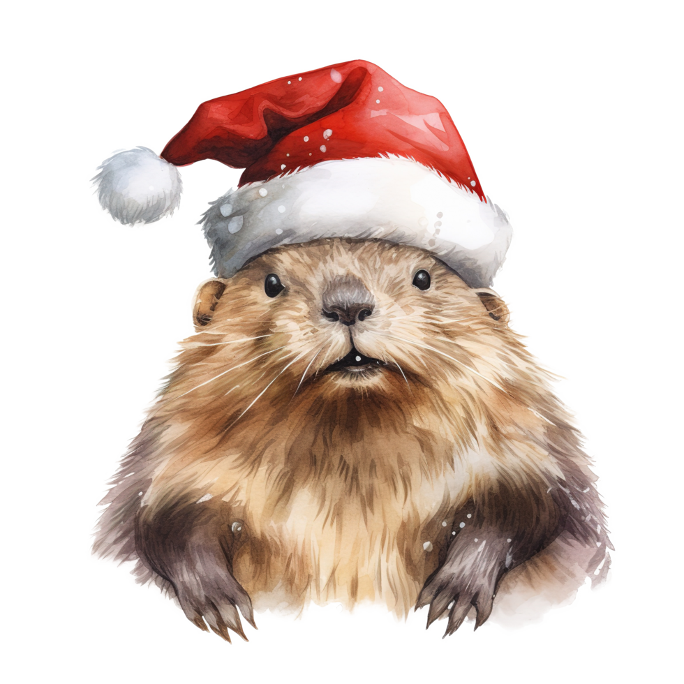 AI generated Beaver Wearing Santa Hat For Christmas Event. Watercolor Style. AI Generated png