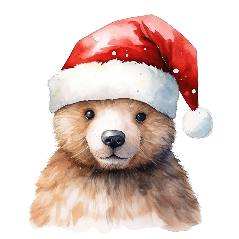 AI generated Bear Wearing Santa Hat For Christmas Event. Watercolor Style. AI Generated png