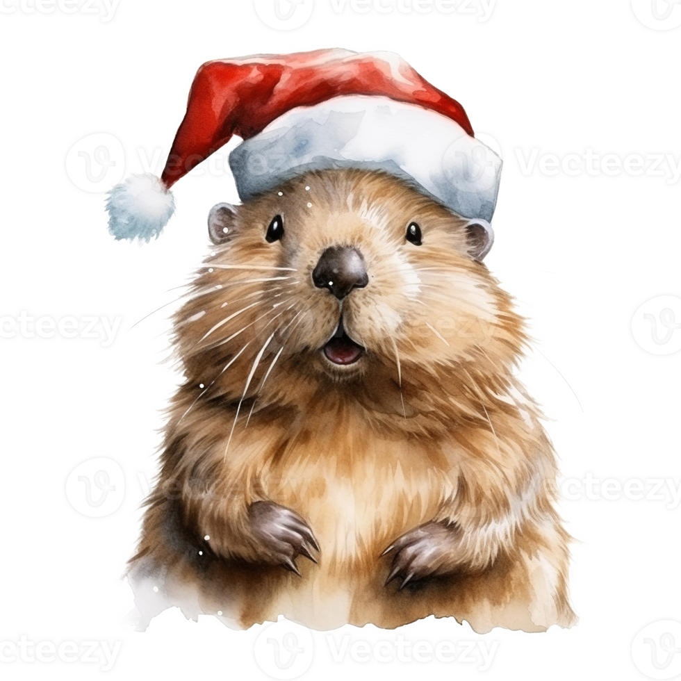 AI generated Beaver Wearing Santa Hat For Christmas Event. Watercolor Style. AI Generated png