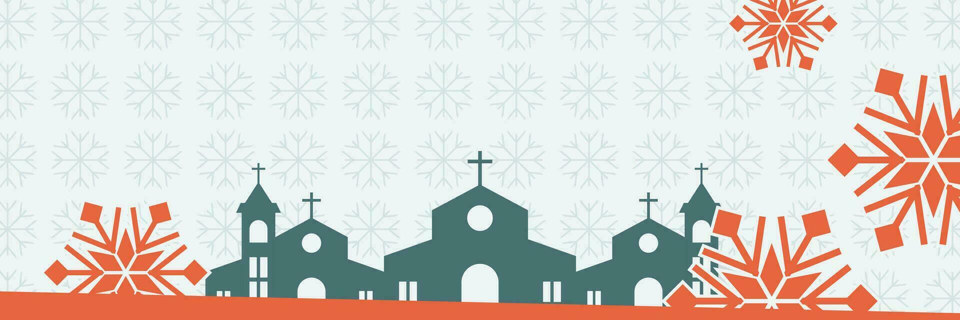 Navidad antecedentes con nieve adornos y Iglesia silueta. vector modelo para bandera, póster, social medios de comunicación, cristiano fiesta saludo tarjeta.