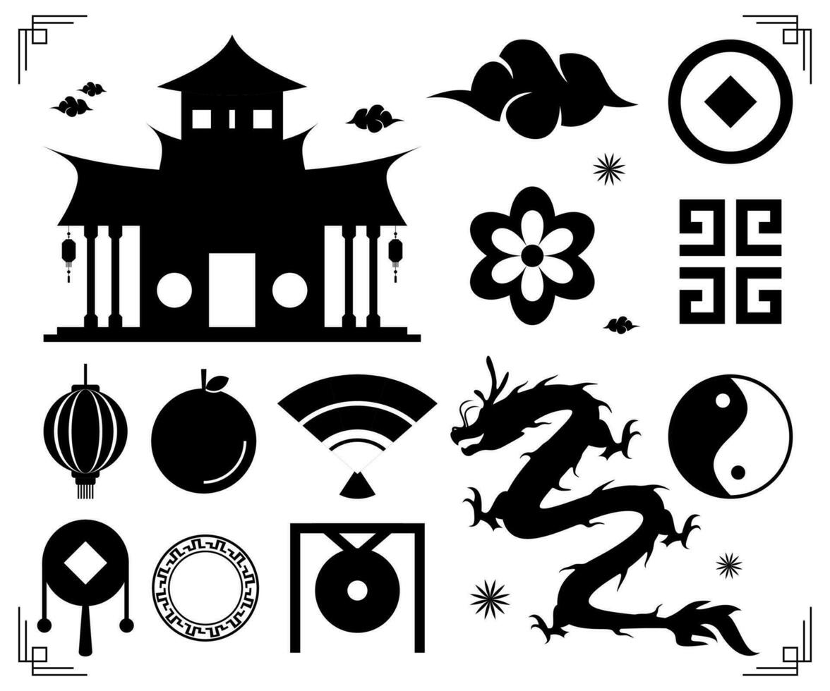 icono conjunto chino nuevo año silueta diseño. colección de templo símbolos, dragones, linternas, nubes, flores, naranjas sencillo ornamento vector para chino nuevo año celebraciones