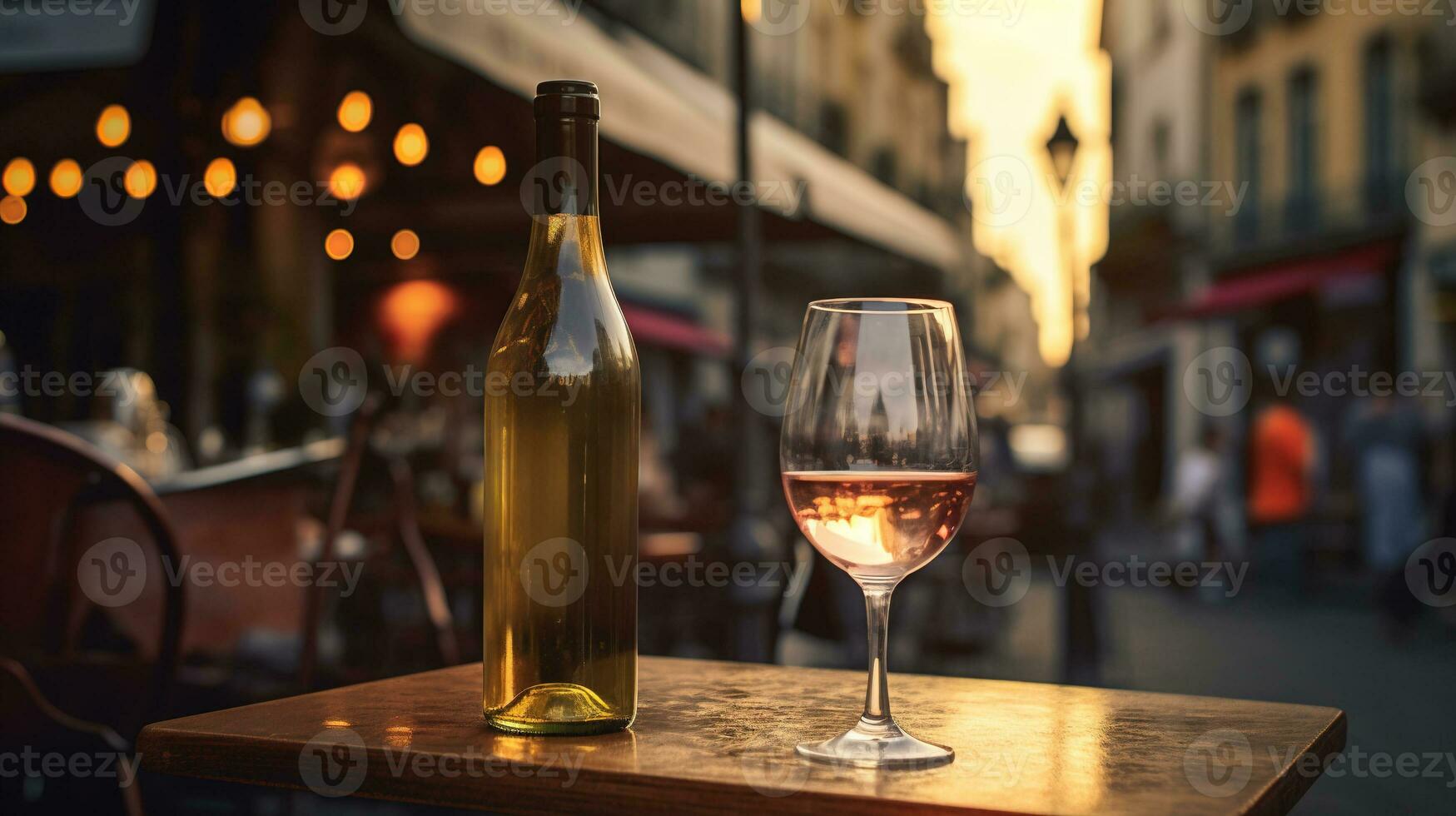 AI generated Generative AI, glass of wine and bottle on wooden table with blur background with lights of street bar, cafe, coffee shop or restaurant, wine mock up photo