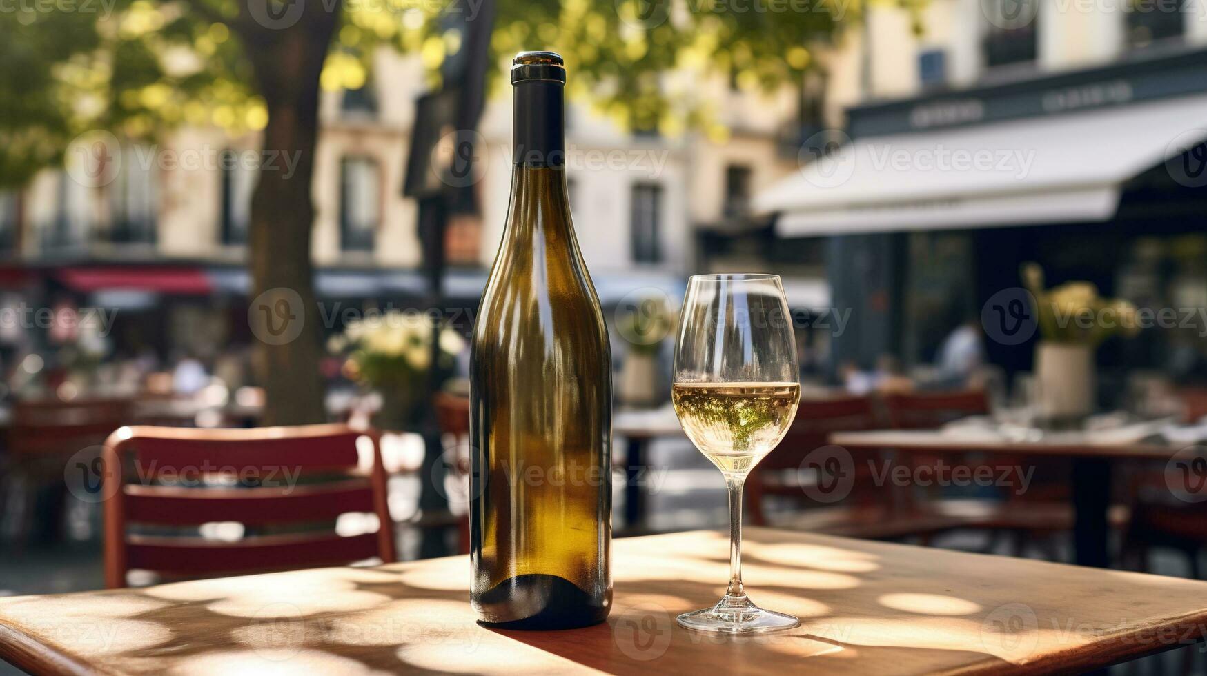 AI generated Generative AI, glass of wine and bottle on wooden table with blur background with lights of street bar, cafe, coffee shop or restaurant, wine mock up photo