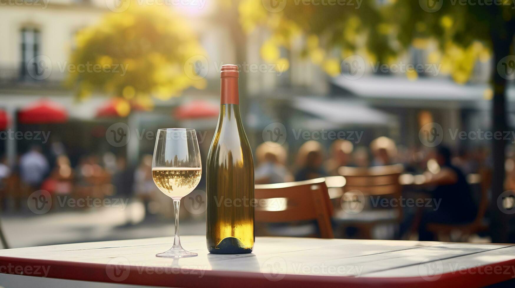 AI generated Generative AI, glass of white wine and bottle on wooden table with blur background with lights of street bar, cafe, coffee shop or restaurant, wine mock up photo