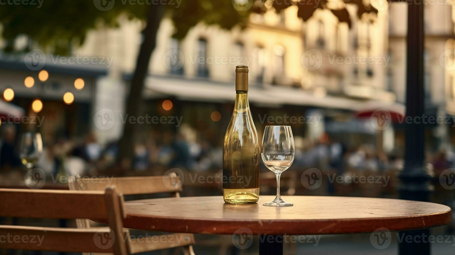 AI generated Generative AI, glass of wine and bottle on wooden table with blur background with lights of street bar, cafe, coffee shop or restaurant, wine mock up photo