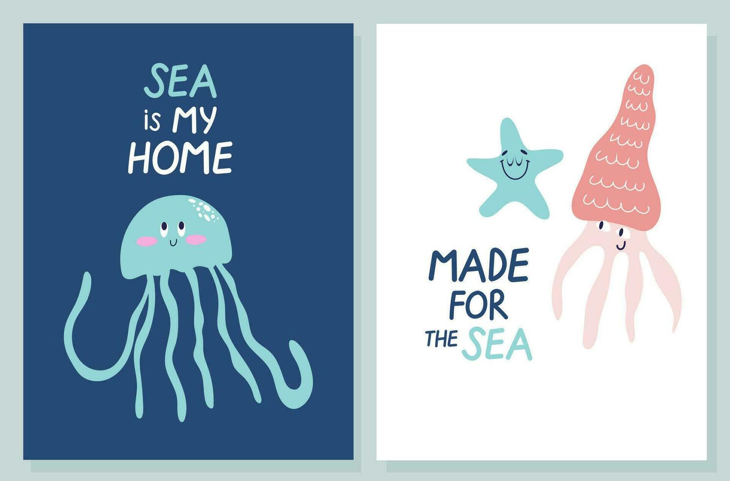 Set of two cute cards with hand drawn smiling jellyfish, squid and starfish. Sea is my home phrase. Ocean protect design concept for kids. vector