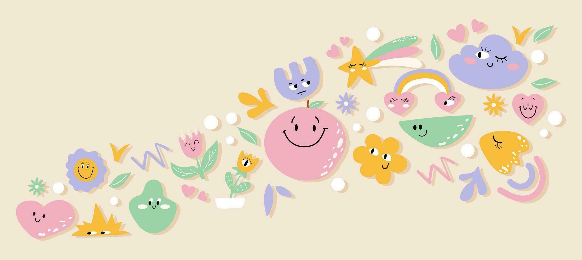Colourful banner on beige background with abstract smiling elements. Trendy groovy hand drawn design. vector