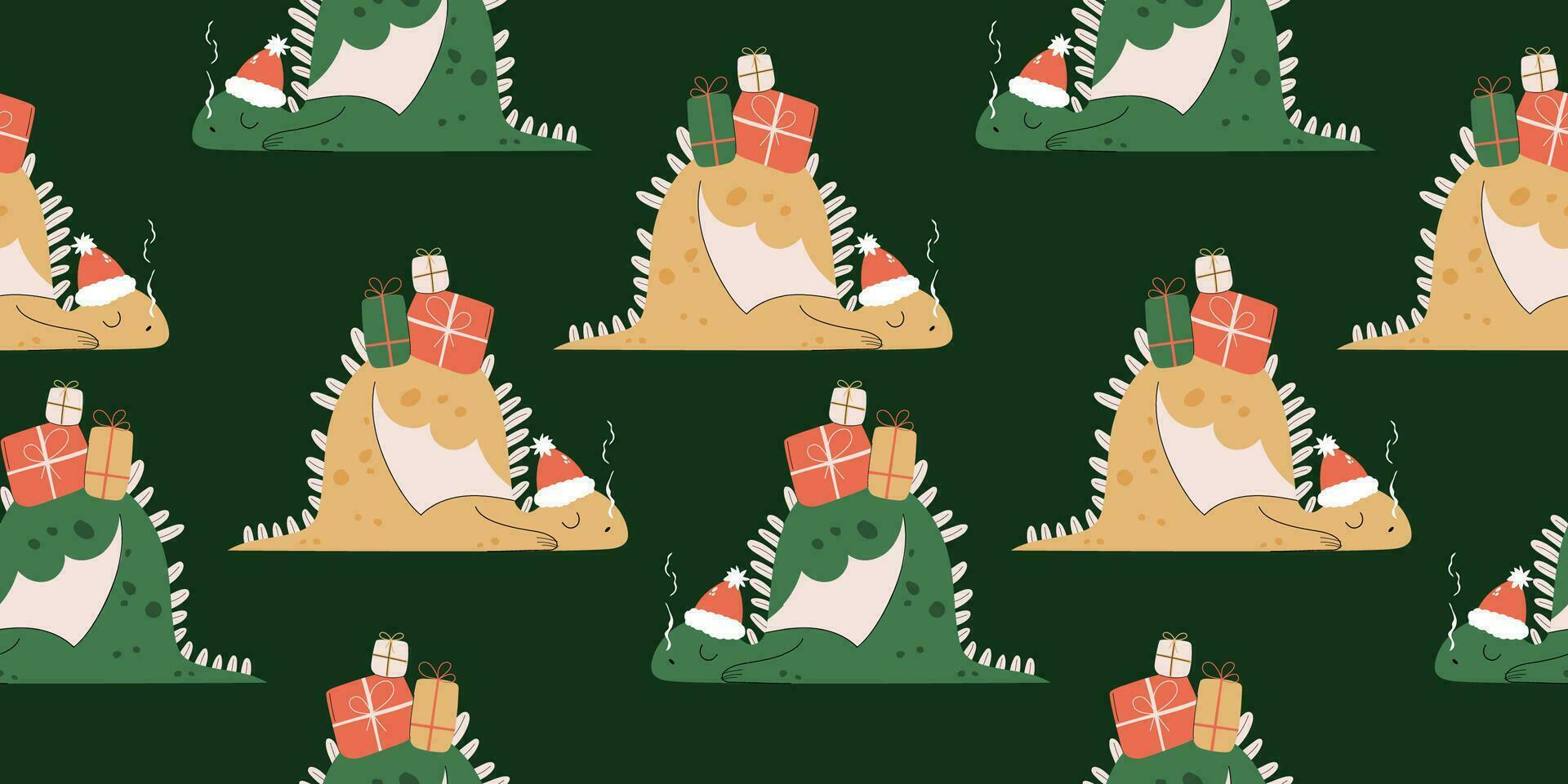 Seamless pattern with hand drawn cartoon sleeping dragon with gift boxes on his back. Vector design for paper, clothes, poster.