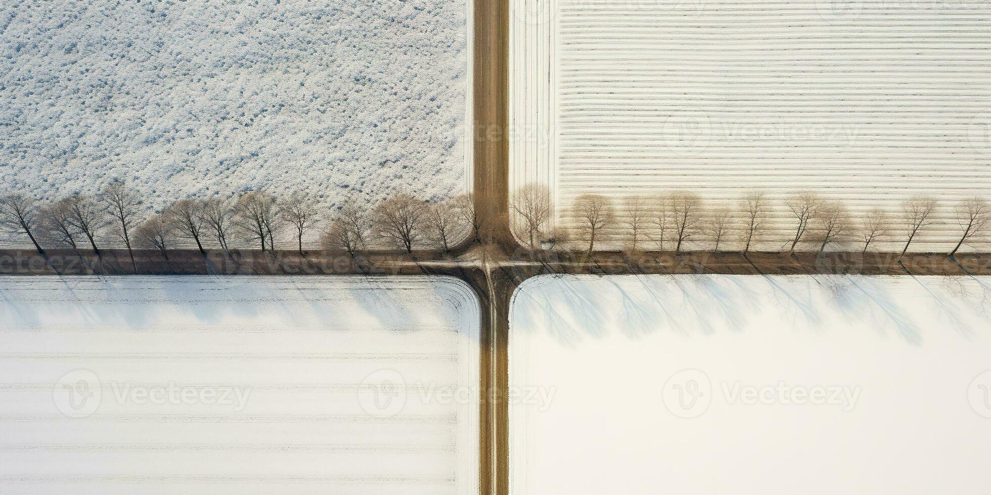 AI generated Generative AI, Farm winter landscape, agricultural fields, beautiful countryside, country road. Nature Illustration, photorealistic top view drone, horizontal banner. photo