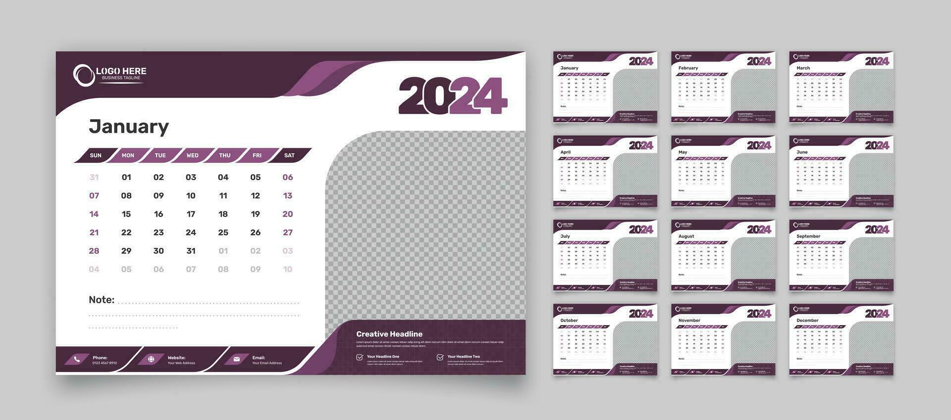 Corporate modern abstract designed 12 pages office desk calendar template for 2024 vector