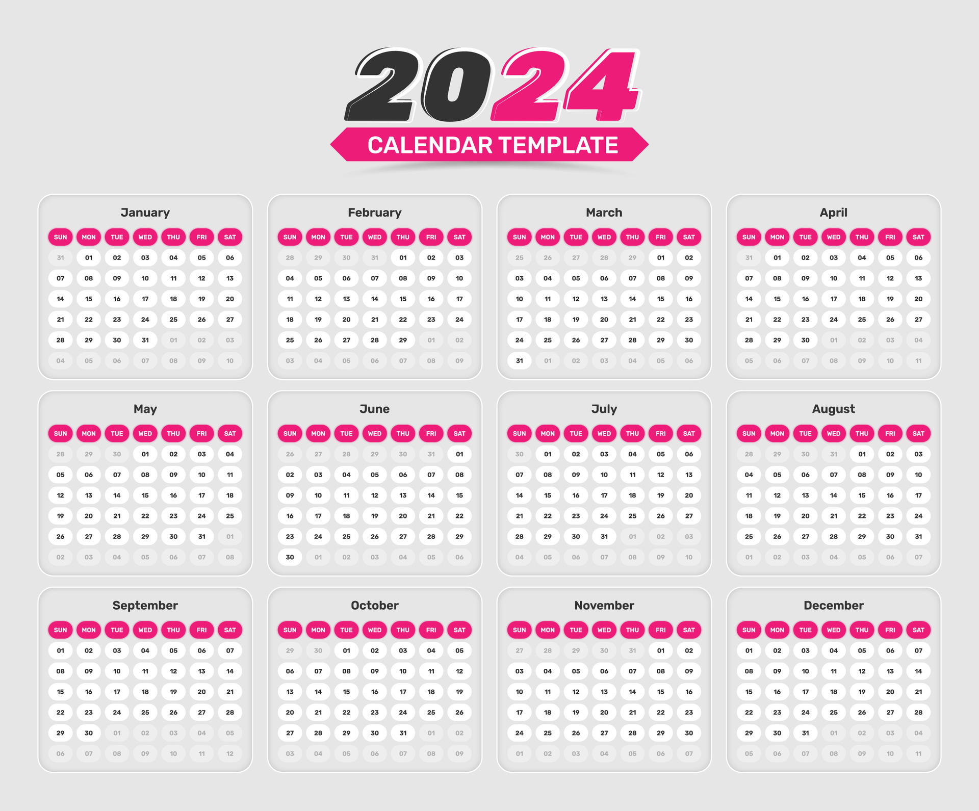 Minimalistic modern calendar date format table template design for 2024