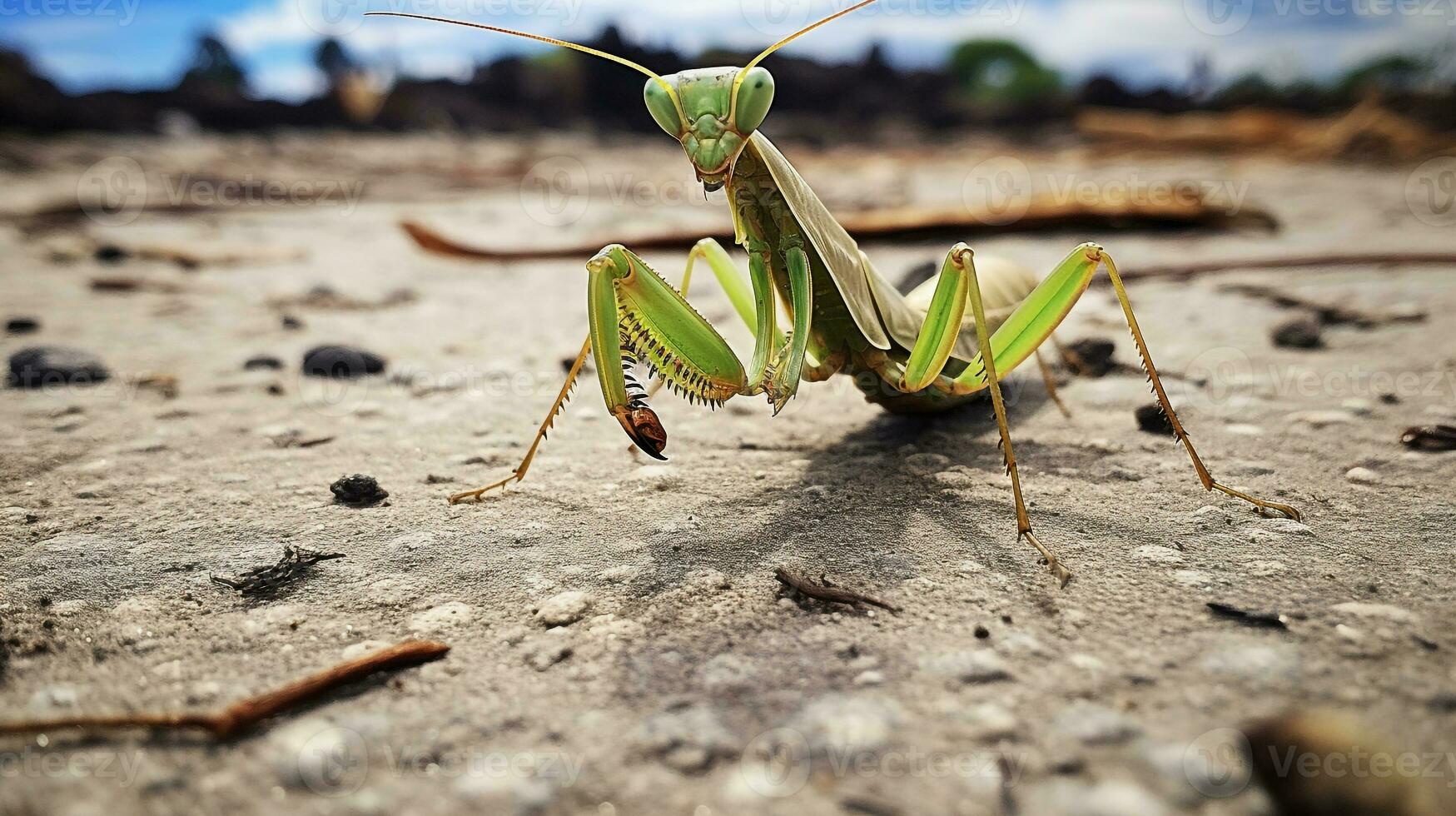 ai generado foto de Orando mantis en un suelo. generativo ai