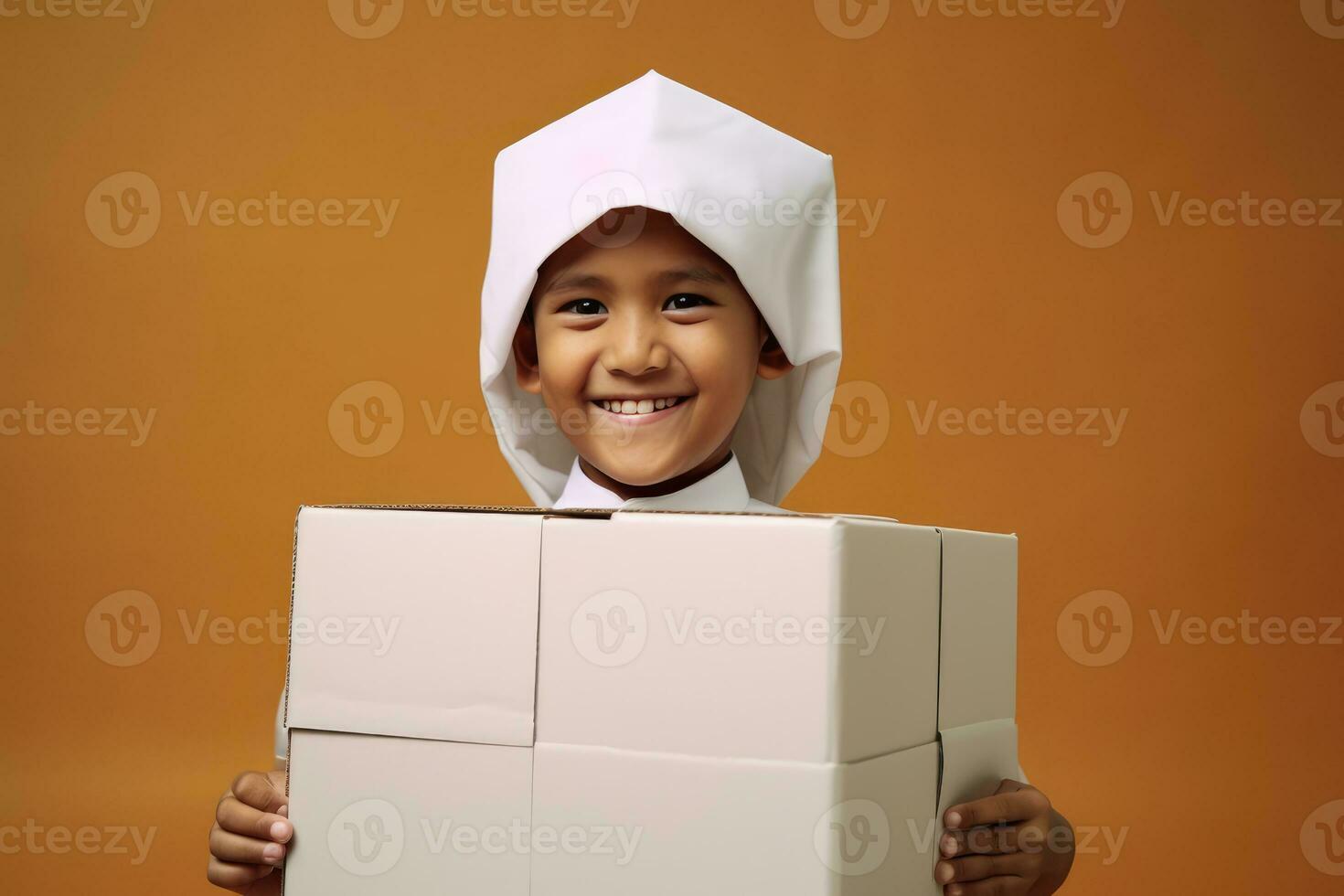 ai generado un sonriente joven chico posando con un cartulina caja foto