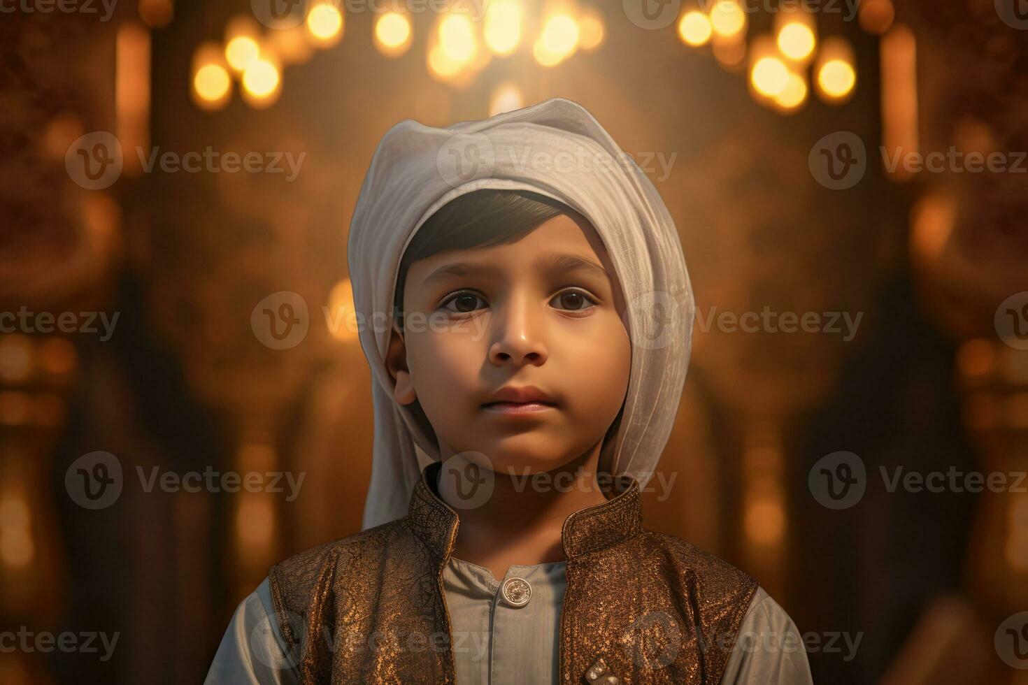 AI generated Young Muslim boy wearing a white turban, traditional clothing, and a green robe photo