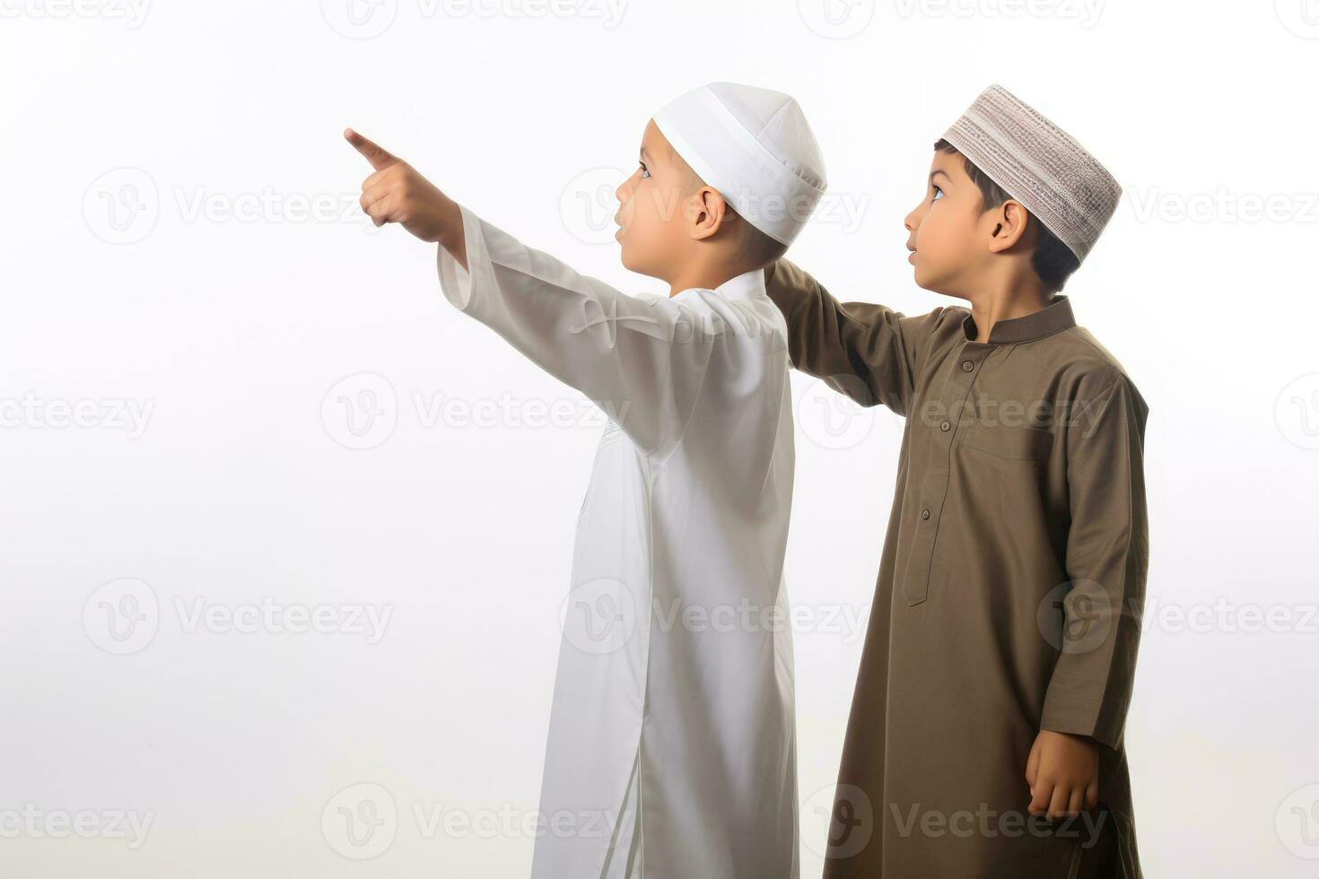 AI generated Two young boys in Arabic attire looking up at the sky. photo