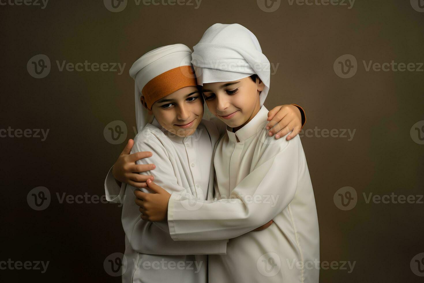 AI generated Heartwarming scene of two young boys in white clothing hugging each other photo