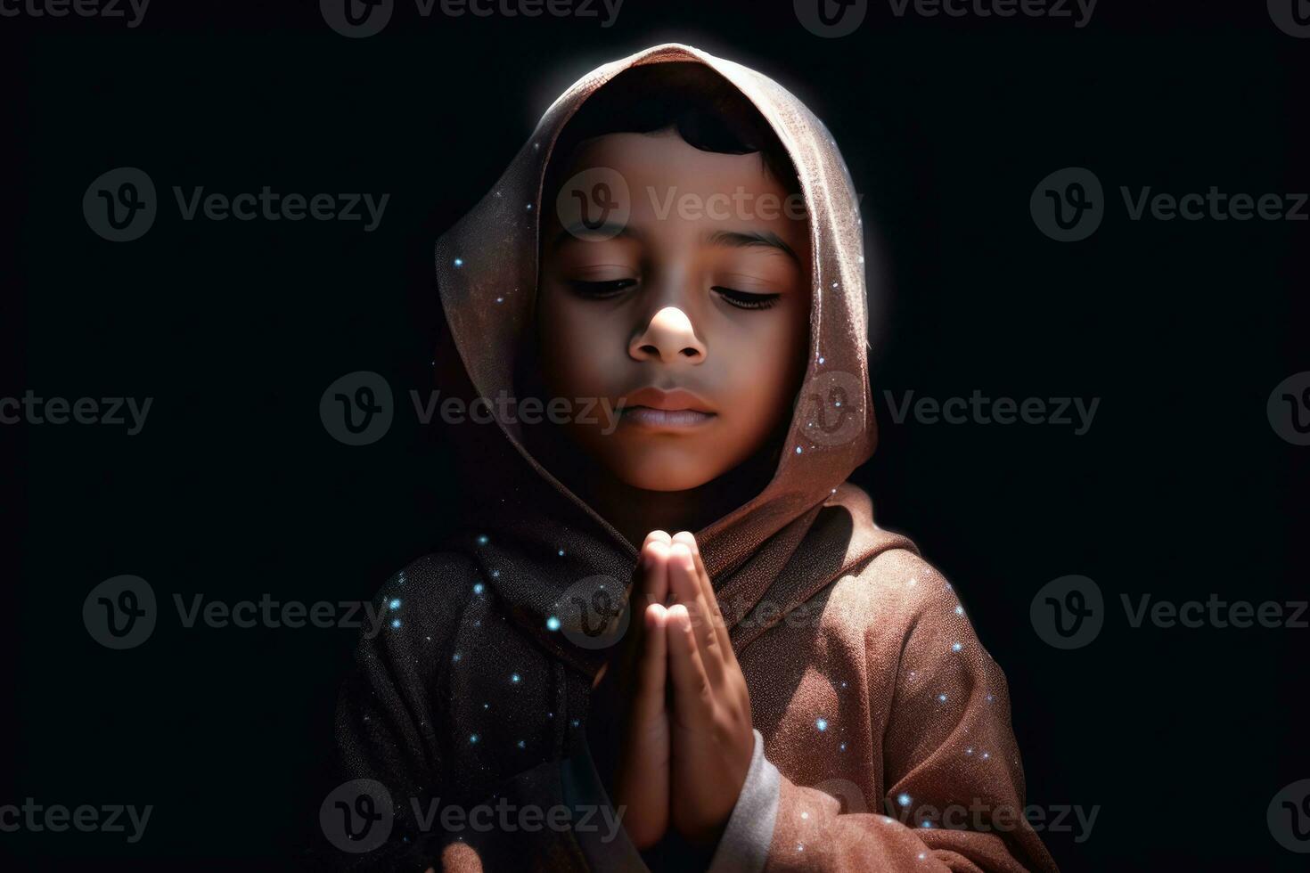 AI generated A young boy praying with folded hands in the light photo